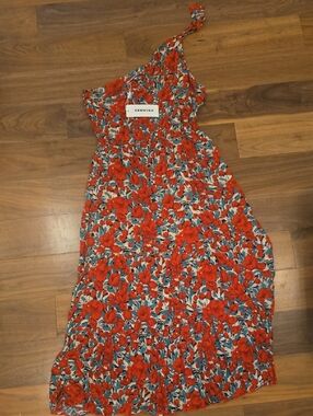 One-Shoulder Red Floral Maxi Dress by ECOSUSI